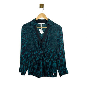 NWT Diane Von Furstenberg Silk Berriti Twist Floral Blouse in Teal/Black Size 10